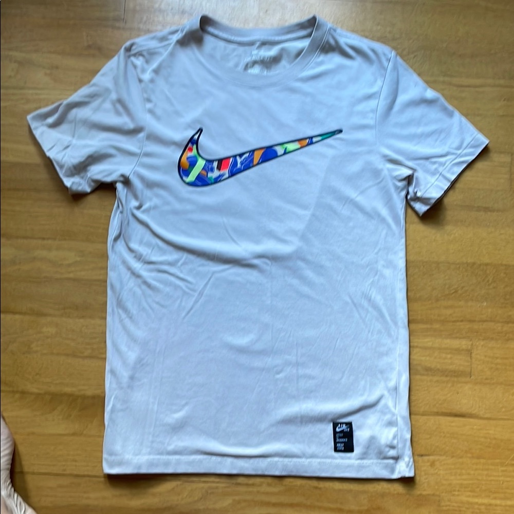Nike White Tee with Multicolor Swoosh